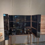 Warm Beige Stone-Pattern Double-Door Wine Cabinet with Dark Wood Interior, Built-In Drawers and Sculptural Metal Legs